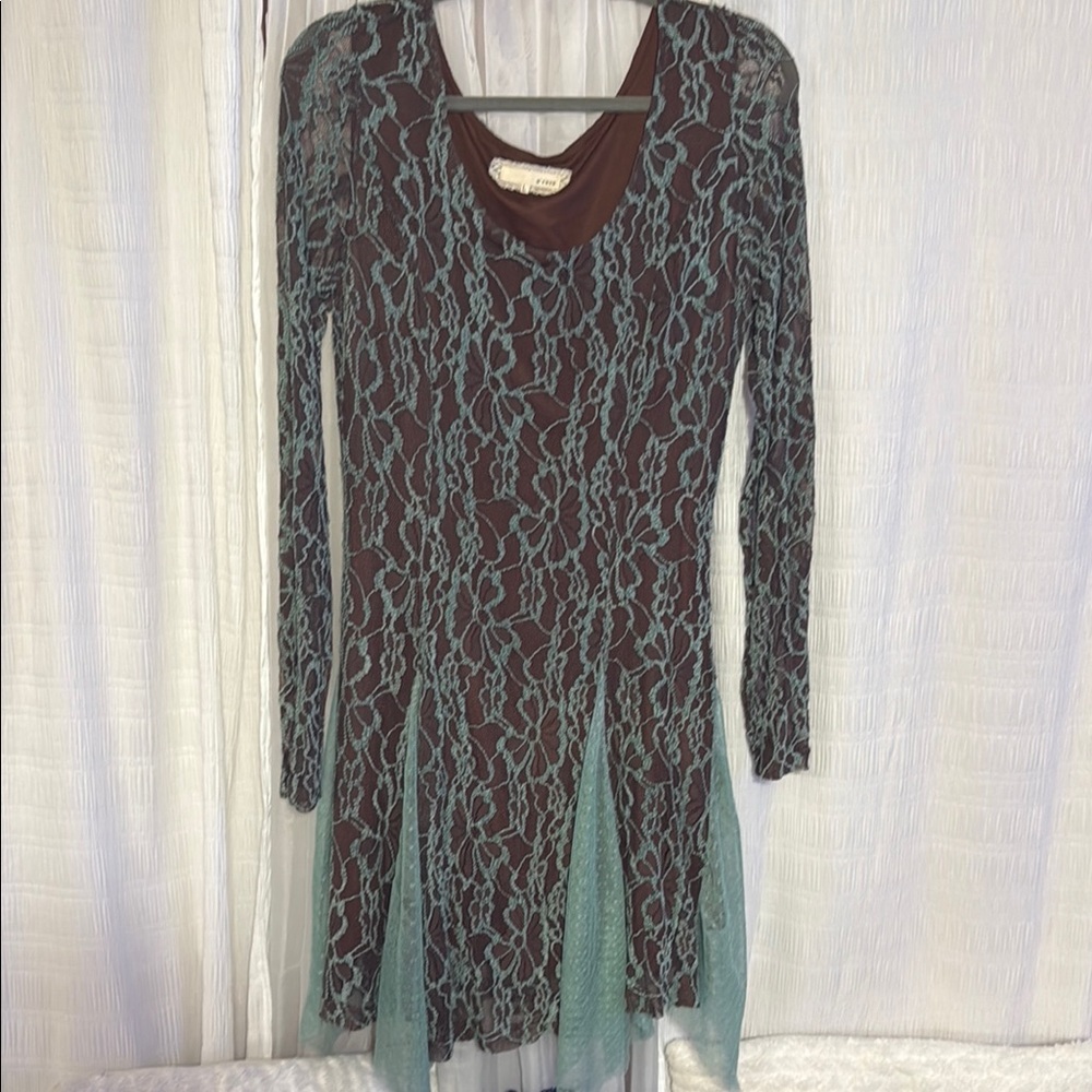 A'Reve Brown Dress with Teal Lace Overlay Long Sleeve
